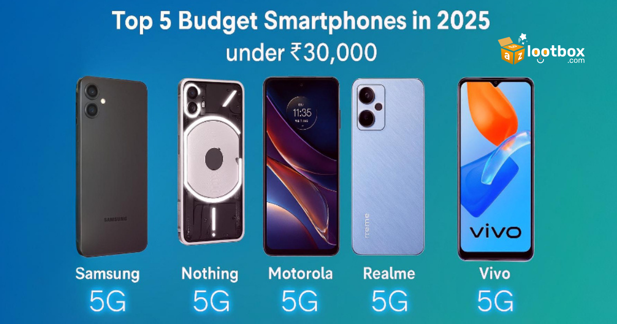 Budget smartphones in 2025. Collage of top 5 budget smartphones in 2025 under ₹30,000, featuring Samsung Galaxy A16 5G, Nothing Phone 3a Pro, Motorola Edge 60 Pro, Realme 14 Pro+, and Vivo Y400 Pro, angled to highlight vibrant displays and advanced camera systems on a gradient blue-to-green background with glowing 5G icons and price tags.