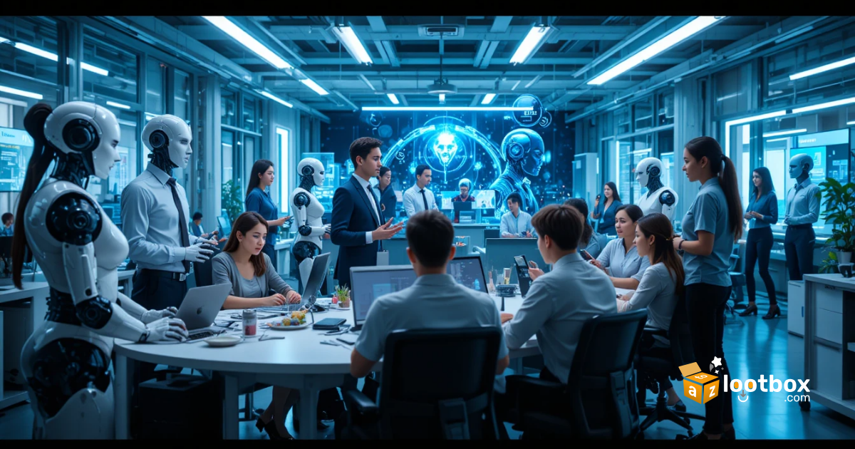 Will AI Replace All Jobs. Futuristic office with humans and humanoid robots working together on laptops and holographic screens, symbolizing collaboration and the future of work